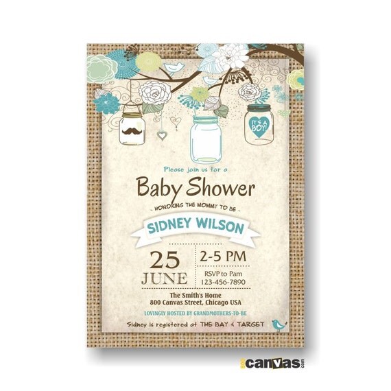 Burlap Rustic Baby Boy Shower Invitation Mason Jar by 800Canvas