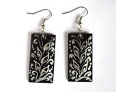 Earrings of wood with hand painted Handmade rectangular wooden earrings folk jewelry Gift idea for her Eco jewelry Silver contour pattern