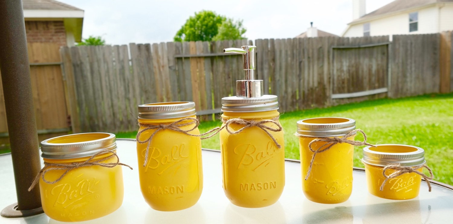 Mason jars. Bathroom set color yellow set by GabrielasXpressions