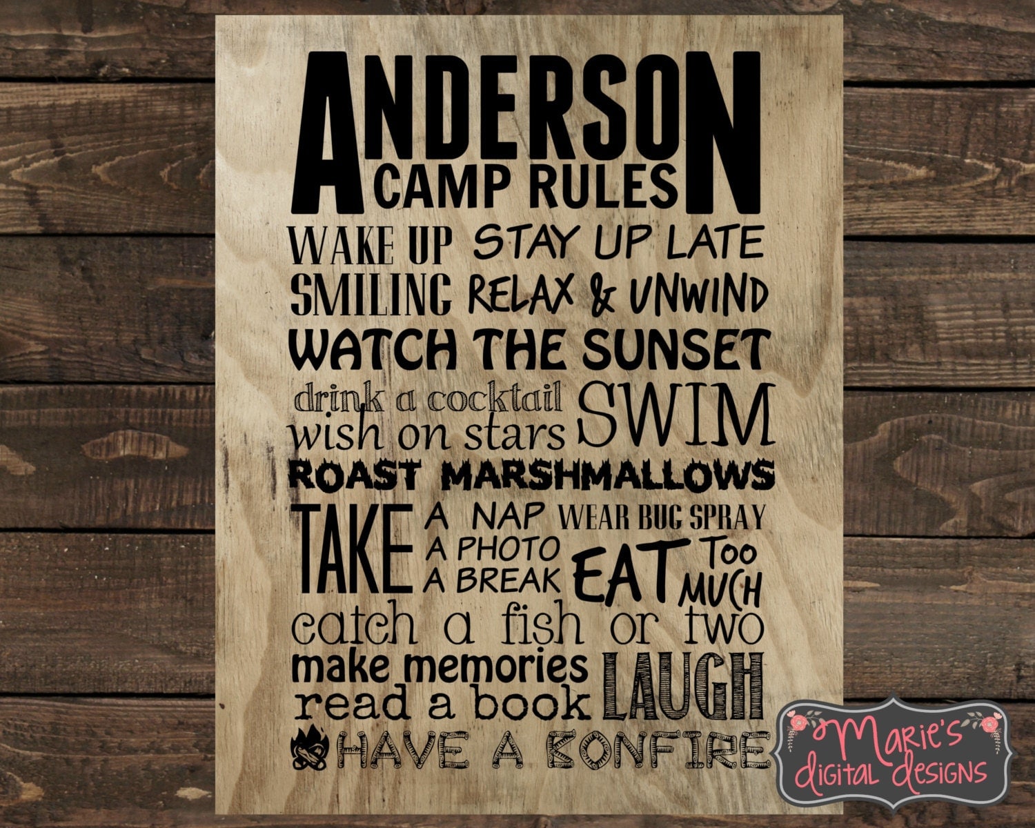 Personalized Camp Rules Printable Wall Art Rustic Wood