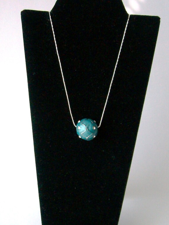 Enamel focal slider bead necklace with crystals Ocean Blue