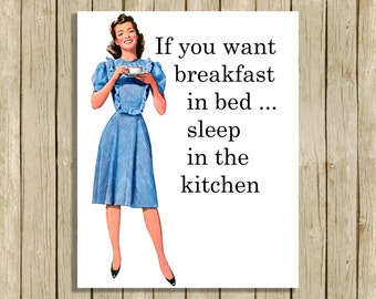 Retro kitchen 1950's budget wall art printable retro quote decor mid century digital instant download humerous funny breakfast in bed