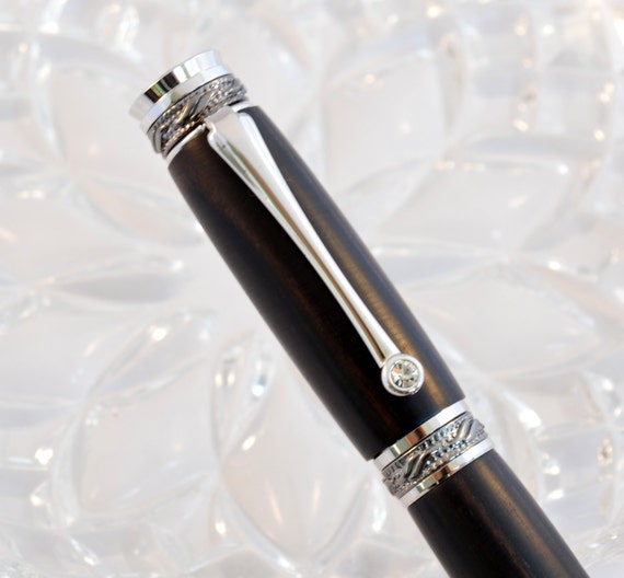 Macassar Ebony Wood Fountain Pen with Rhodium and Black Titanium Fittings - Handcrafted by Whidden's Woodshop