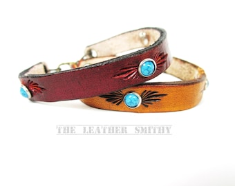 Thin Leather Bracelet with Turquoise Rivets, Leather Cuff, Hand Tooled, Western, Rustic, Bohemian, Woman's Gift, Handmade