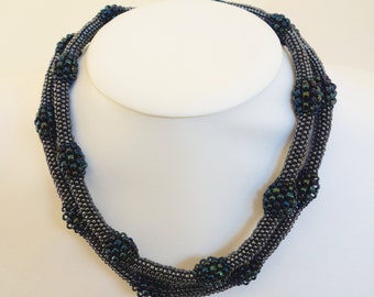 Iris silver and blue peyote tubular necklace