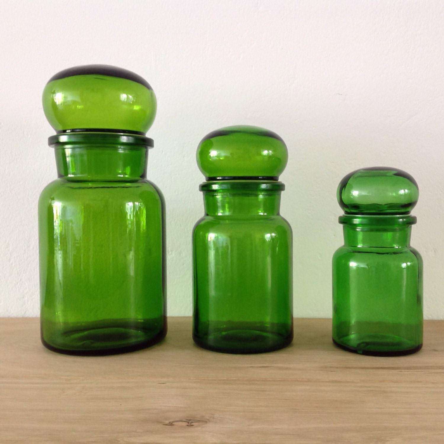 Vintage Emerald Green Glass Apothecary or Pharmacy 3 Jars/ Bottles With