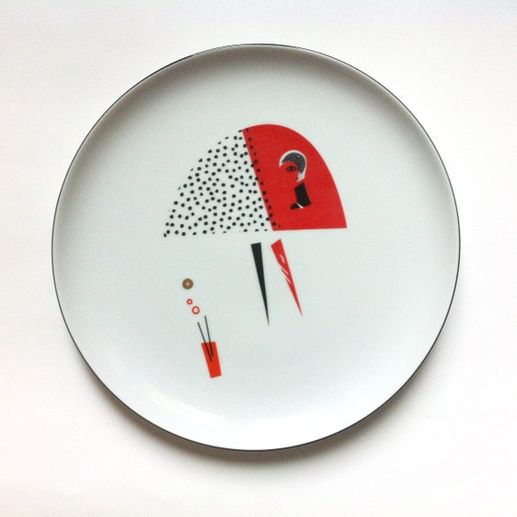 Red skirt illustrated plate by Lookatmeplates on Etsy