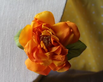 Large Orange Flower with Light Green Leaves Hair Clip