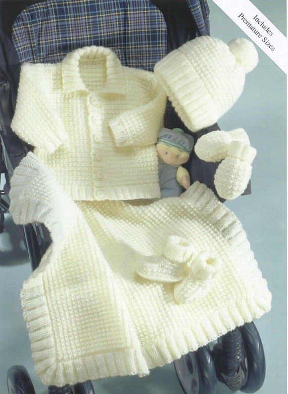 Knit Baby Jacket Hat Mittens Booties Blanket Vintage Knitting