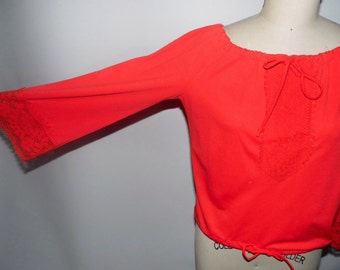Red Peasant Blouse-70s Vintage-Bell Sleeves-Red Lace Trim -Size M-L