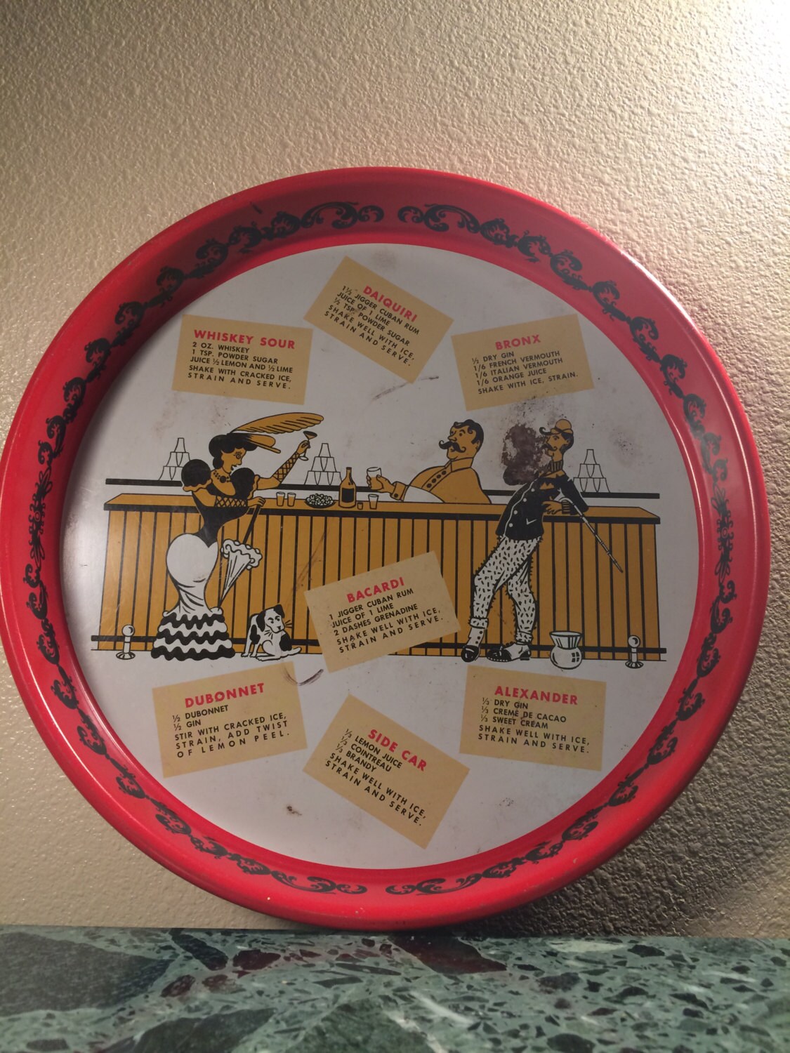 Vintage Retro Bar Tray with Mixed Drink Motif Painted Metal