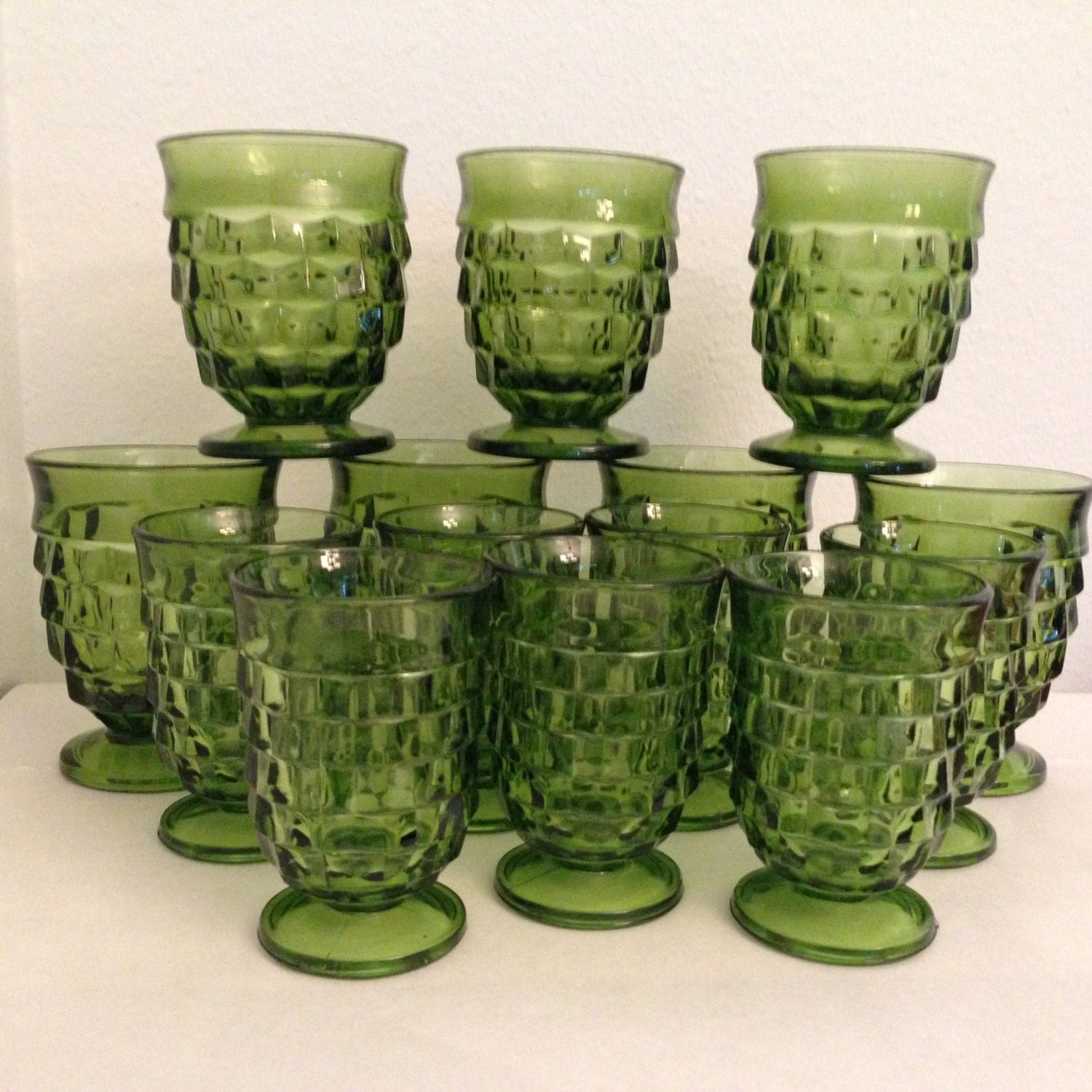 Whitehall Indiana Glass Green Footed Glasses Tumblers Set of