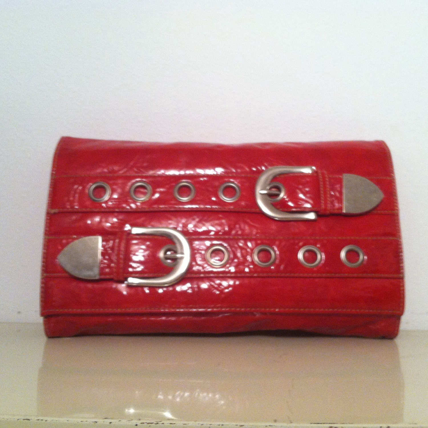 Bright shiny cherry red patent leather large clutch purse