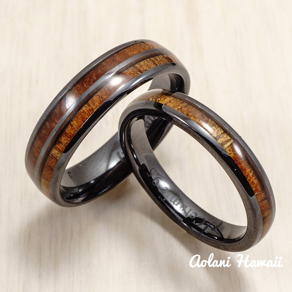 Wedding Ring Set - Black Ceramic Ring with Koa Wood Inlay (6mm  4mm ...