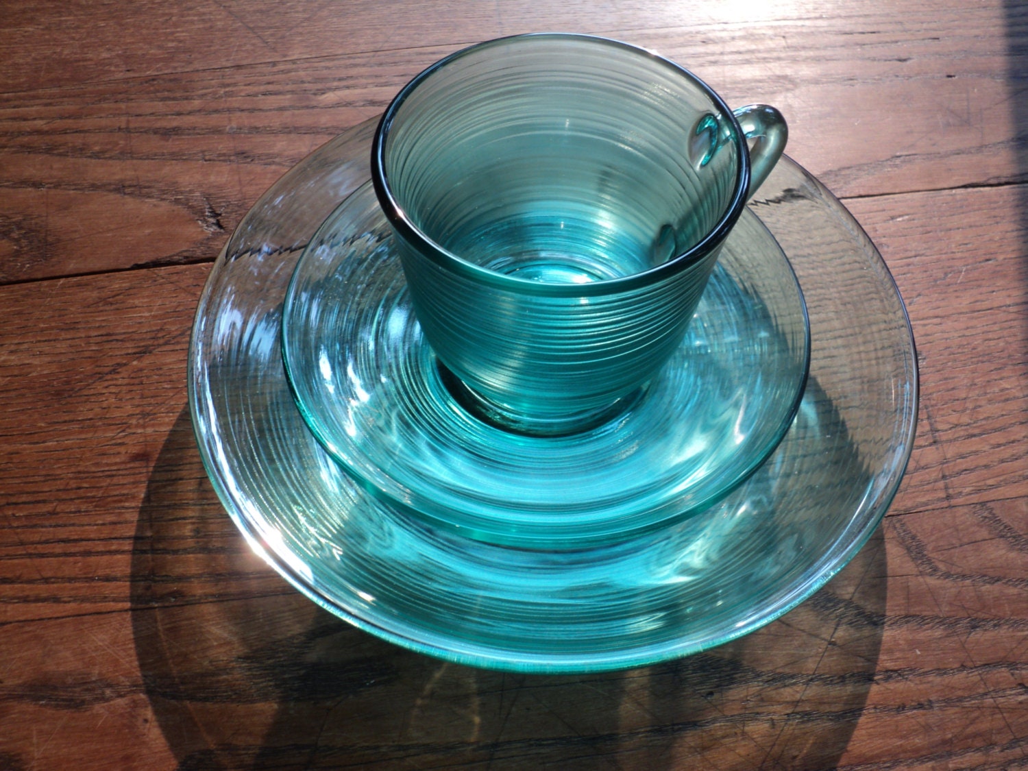 Vintage Aqua Blue Glass Plates and Cup Sets Lunch Salad Plate