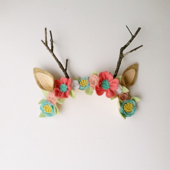Little Fawn Deer Forest wool felt antler Flower by TheFloweredFawn