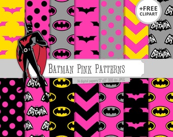 Buy 2 Get 1 Free! Digital Paper Batman Pink Patterns, Black, Gray and Yellow, chevron, polka dots, bat for Label, seamless + clipart free