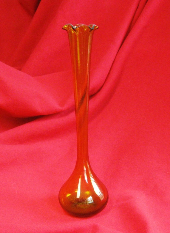 AMBER color GLASS bud VASE tall fluted hand blown glass vase