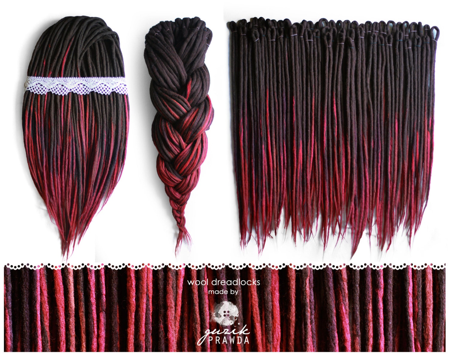 Wool dreadlocks long dark brown maroon 45DE full head