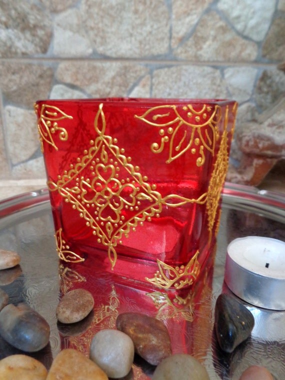 Items similar to Glass Candle holder/ tea light/ vase Gold on red Glass