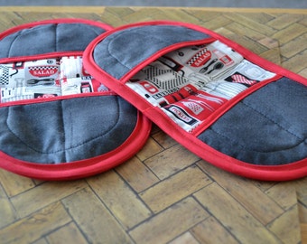 Fingertip Pot Holder, Pot Holder Set, Oven Mitts, Retro Oven Mitts, Hot Pads, Red Pot Holders, Grey Pot Holders, Kitchen Linen, Pot Grip