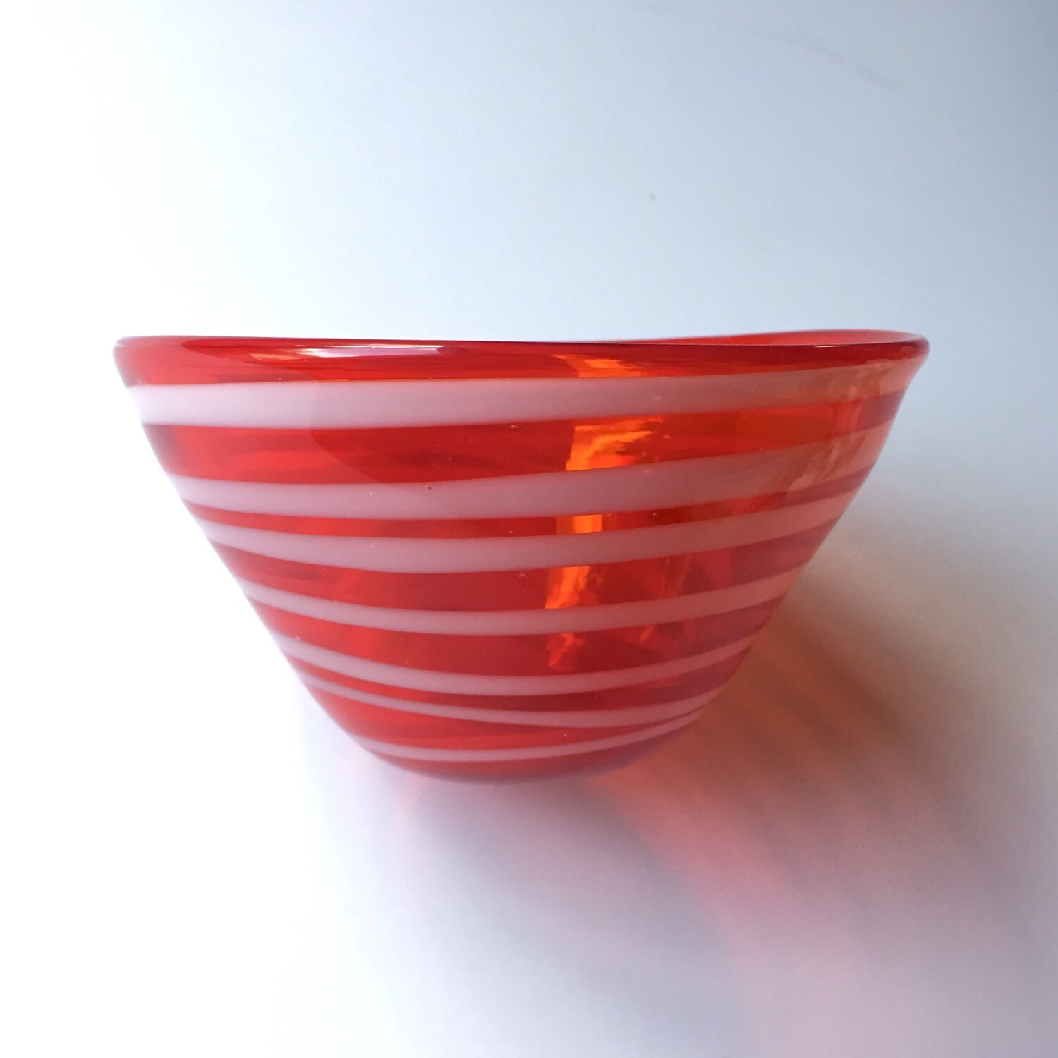 Vintage Red Glass Decorative Serving Bowl / Candy Bowl with White Swirl