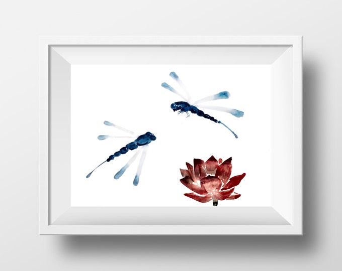 Dragonfly art, lotus flower painting, insect art, watercolor wall art