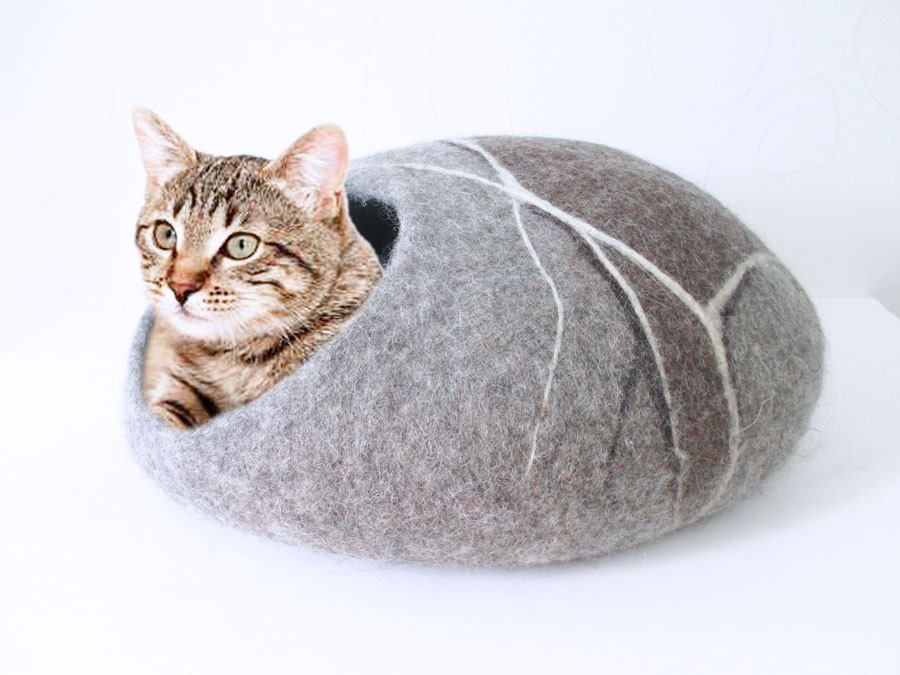 Felted Wool cat cave in grey and brown colours pebble design