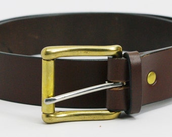 1 1/2" extra long medium brown American Bridle leather belt - 1 1/2 solid brass buckle