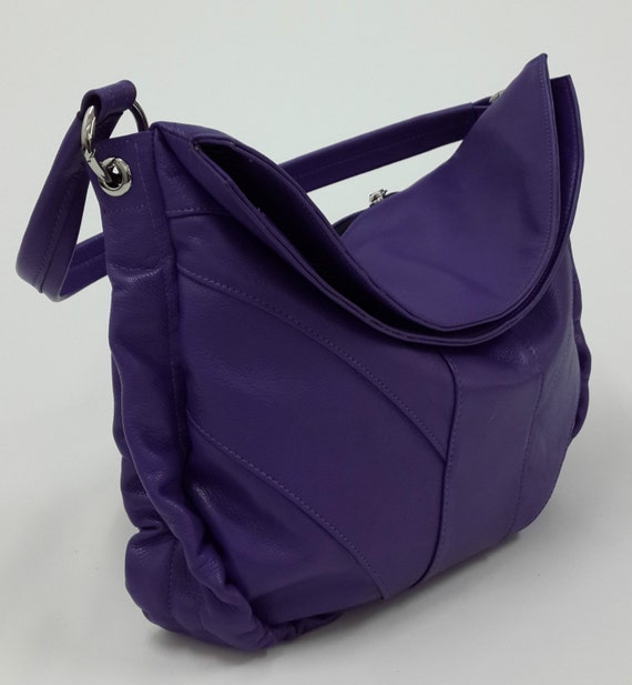 Purple soft leather shoulder bag, Hobo bag.