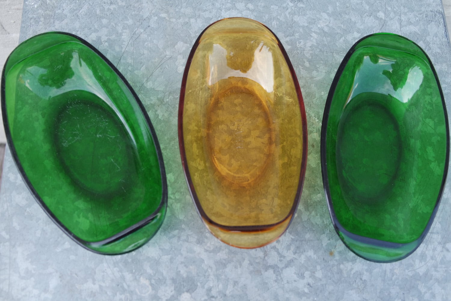 Vintage 70′ lot of 3 Vereco France green, yellow glass dishes Haute Juice