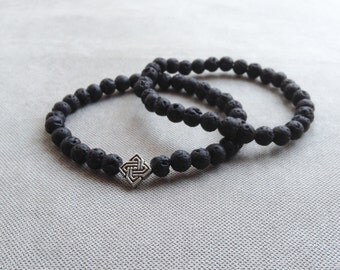8mm,6mm lava stone bracelet with charm, black beaded bracelet.