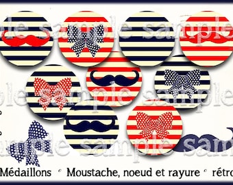digital images * mustache and bow * Navy blue red sailor stripe vintage collage digital scrapbooking cabochon jewel