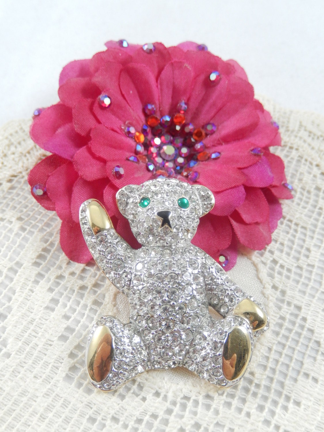 Vintage CAROLEE Signed Clear Rhinestone Teddy Bear Brooch/Pin