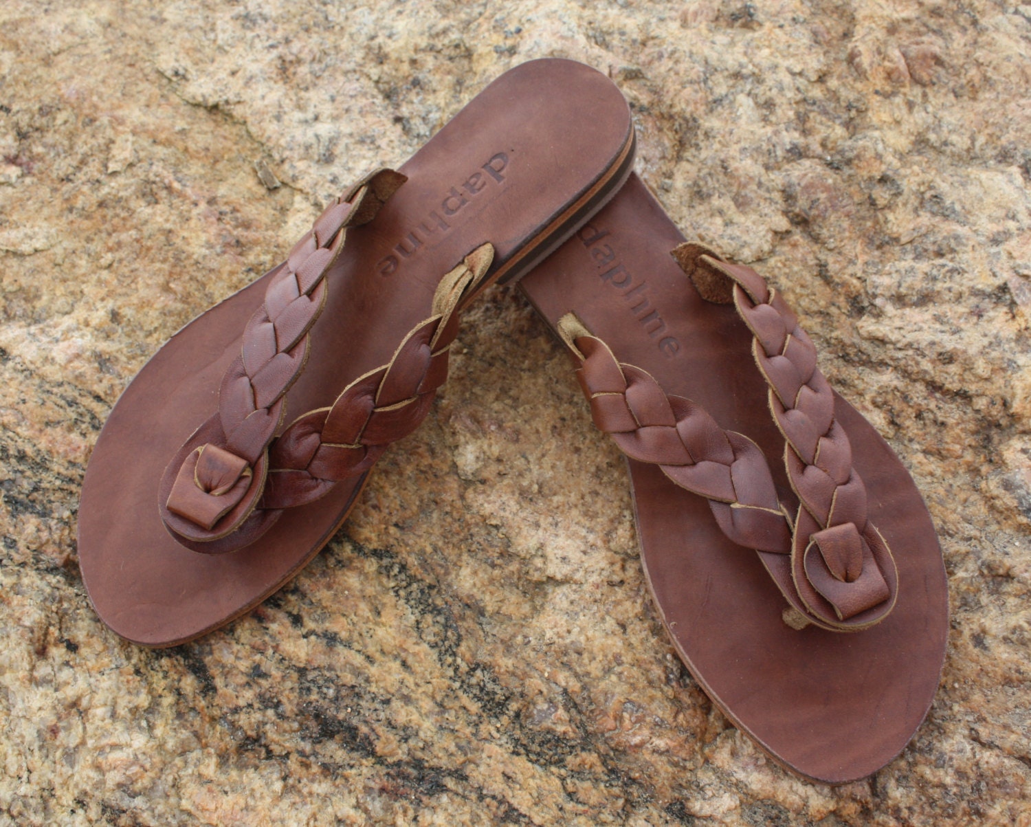 Brown Leather Sandal Kara Braided Thong Flip Flop / Handmade