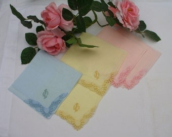 French FL Monogram Handkerchiefs. Set of 5 Vintage Hankies with Embroidery Monogram in Pink Blue and Yellow.