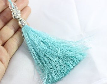 5 Pcs Turquoise Silky Thread Tassel, Beaded Tassel Necklace, 130 mm Tassel Pendants with Rhinestones and Silver Bead Caps