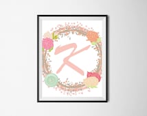 Floral monogram,letter K,wedding,kids initials, baby shower,birthday