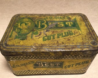 Rare Large Dills Best Cut Plug Tobacco Vintage Lithograph Tin 1910