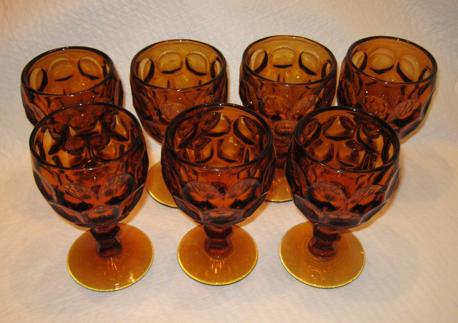 Vintage Set of 7 Amber Thumbprint Goblet Glasses Haute Juice