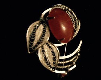 Broche Vintage Brillants Facettes Et Cabochon Murano Bleu Et Rose - Occasion