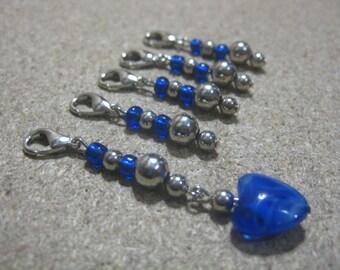 Blue and silver removable stitch markers-stitch markers knitting-stitch markers crochet-gift for knitters-glass stitch markers-set of 5