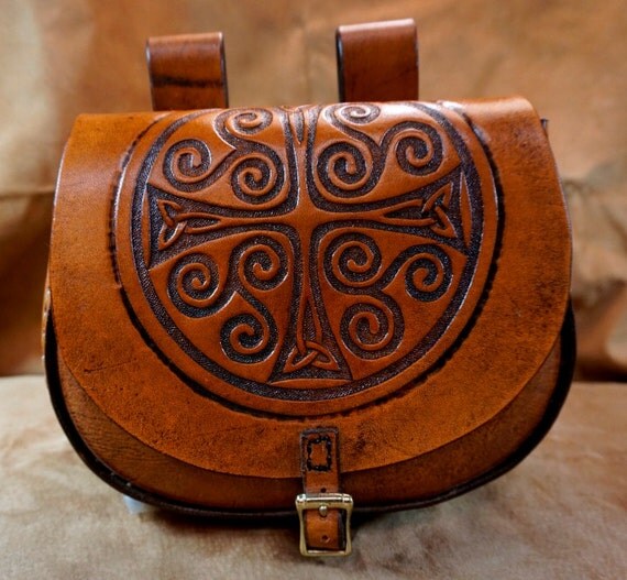 Hand tooled leather belt pouch with cross and triskeles