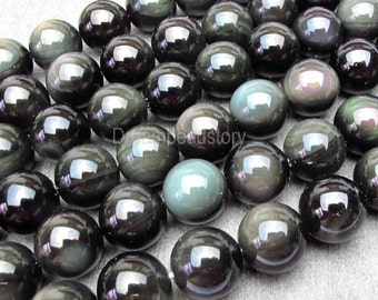 Rainbow Obsidian Beads, Natural Round Black Obsidian Beads with Double Rainbow Eye, 8 10 12 14 16 18mm DIY Black Stone Beads Supplies(B59)