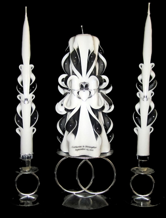Handcarved Irish Celtic Claddagh wedding unity candle set.