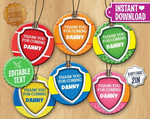 Paw Patrol Gift Tags EDITABLE TEXT Customized Party Favors