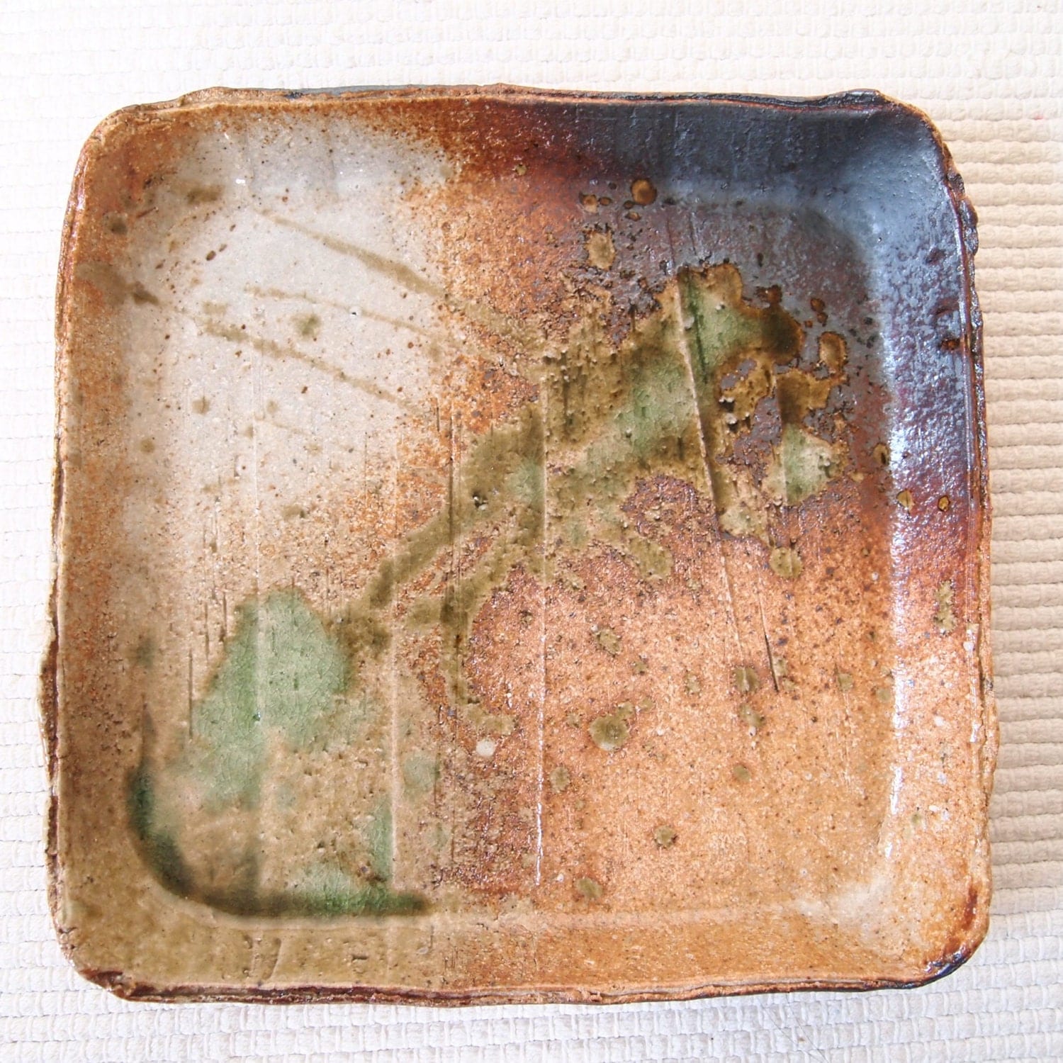 Japanese Raku ware square plate Japanese pottery Handmade