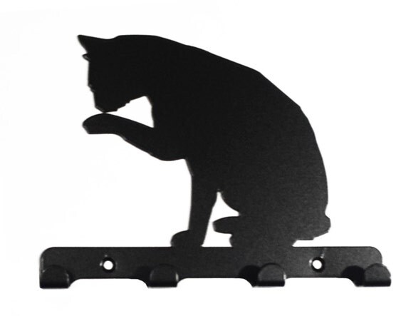 Cat Licking Paw Silhouette Key Hook Rack metal wall art