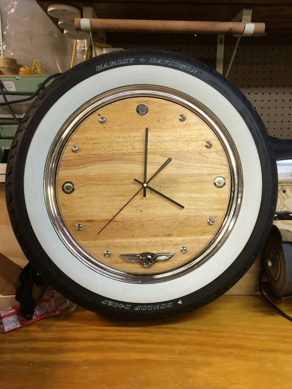 Custom Harley Davidson Clock made from real HD wheel and white