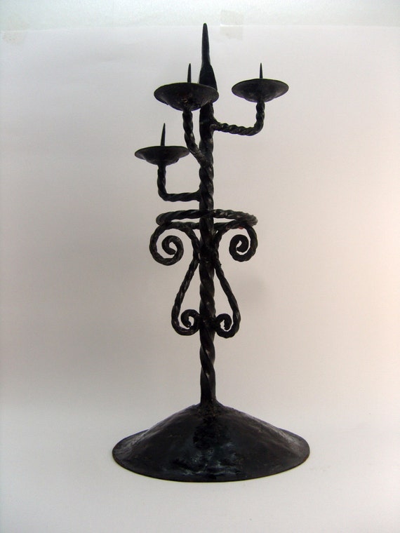 Candle Holder Vintage Black Handcrafted Wrought Iron by BoAntiques